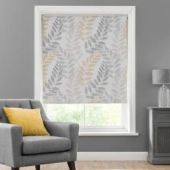 Leah Leaf Ochre Blackout Roller Blind -DUNELM Furniture Shop 30634074