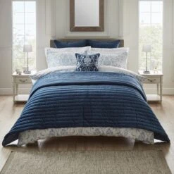 Dorma Remington Cotton Velvet Blue Bedspread -DUNELM Furniture Shop 30646839