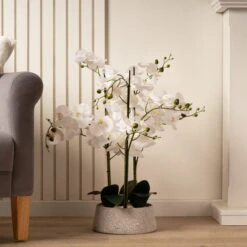 Artificial White Orchid In Grey Terrazzo Plant Pot