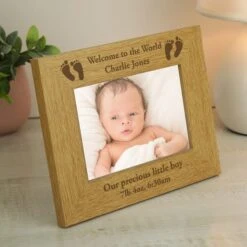 Personalised Oak Effect Baby Footprints Landscape Photo Frame -DUNELM Furniture Shop 30880824 alt02