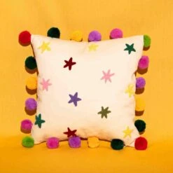 Raspberry Blossom Tufted Stars Cushion With Pom Poms