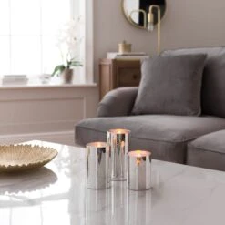 Set Of 3 LED Metallic Glass Pillar Candles -DUNELM Furniture Shop 30897738