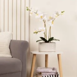 Artificial White Phalaenopsis Orchid In Oval Ceramic Plant Pot
