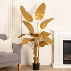 Artificial Gold Banana Palm Tree In Black Plastic Plant Pot