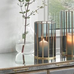 Brass & Smoked Glass Panelled Hurricane Candle Holder -DUNELM Furniture Shop 30983093